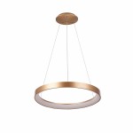 Lampa wisząca Vico D58 w kolorze złotym z jedną diodą LED o mocy 48W. Okrągła, matowa konstrukcja z białym kloszem, zawieszona na cienkich linkach. Ujęcie z boku, pokazujące minimalistyczny design i wysoką jakość wykonania.