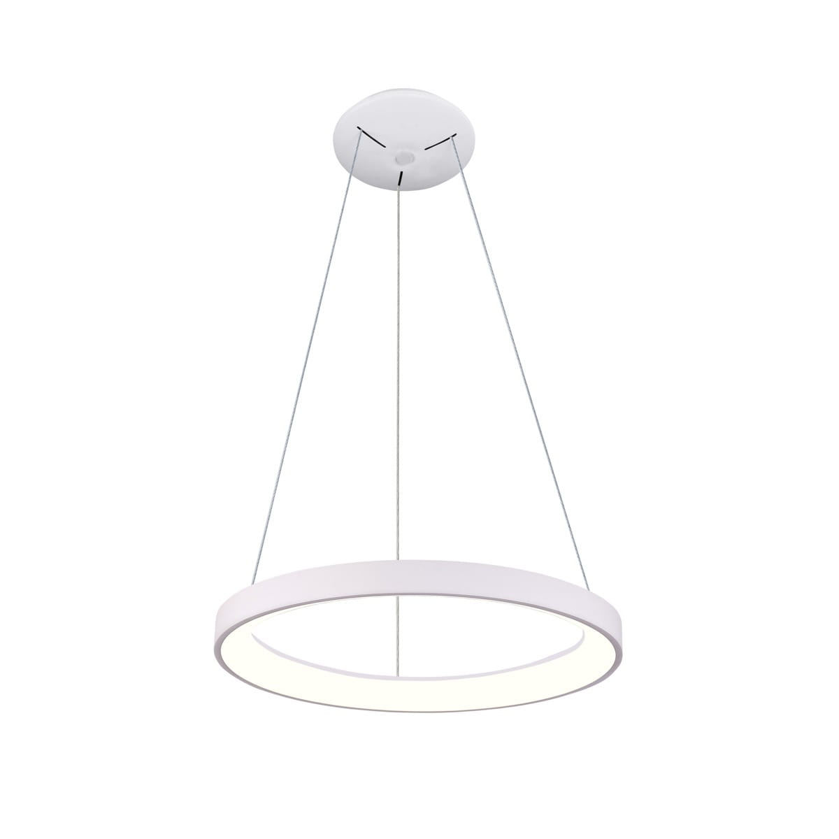 Biała lampa wisząca Vico D58 z jedną diodą LED o mocy 48W. Posiada okrągły kształt z delikatnym ramieniem, zawieszona na dwóch cienkich linkach. Prosta konstrukcja, idealna do nowoczesnych wnętrz, na jednolitym tle.