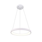 Biała lampa wisząca Vico D58 z jedną diodą LED o mocy 48W. Posiada okrągły kształt z delikatnym ramieniem, zawieszona na dwóch cienkich linkach. Prosta konstrukcja, idealna do nowoczesnych wnętrz, na jednolitym tle.
