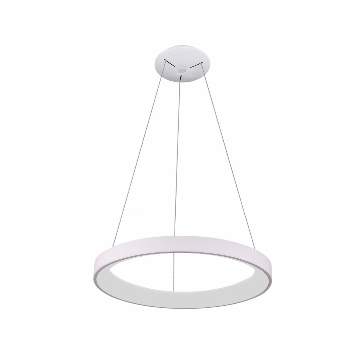 Lampa wisząca Vico D58 w kolorze białym, okrągła, z zawieszeniem na cienkich linkach. Wyposażona w 1xLED o mocy 48W. Widoczny element montażowy sufitowy. Prosty, nowoczesny design, idealna do aranżacji wnętrz.