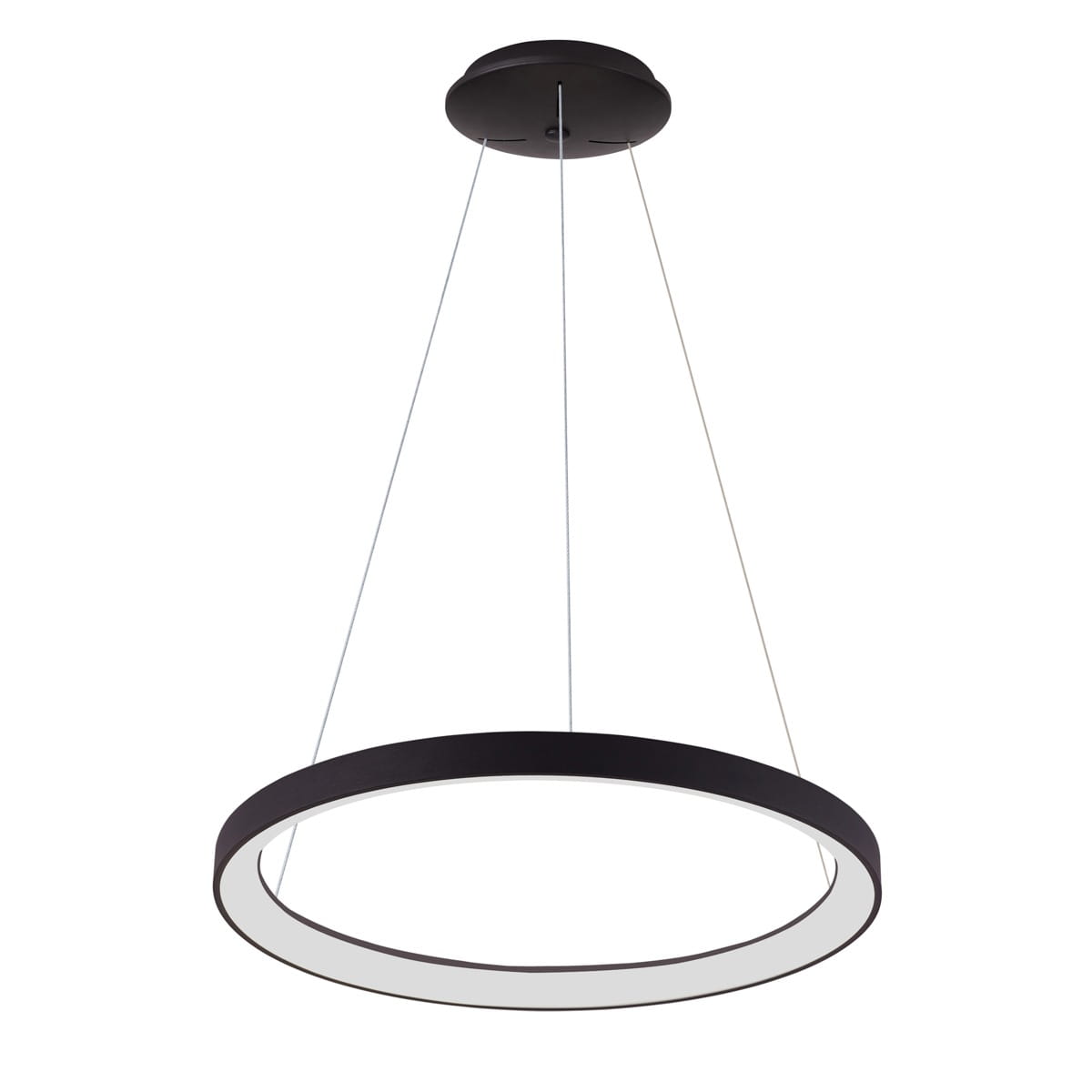 Lampa wisząca Vico D78 w kolorze czarnym z metalowym okrągłym ramieniem i białym źródłem światła LED. Zawieszona na cienkich linkach, z zamontowanym okrągłym mocowaniem sufitowym. Minimalistyczny design, idealna do nowoczesnych wnętrz.