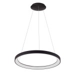 Lampa wisząca Vico D78 w kolorze czarnym z metalowym okrągłym ramieniem i białym źródłem światła LED. Zawieszona na cienkich linkach, z zamontowanym okrągłym mocowaniem sufitowym. Minimalistyczny design, idealna do nowoczesnych wnętrz.