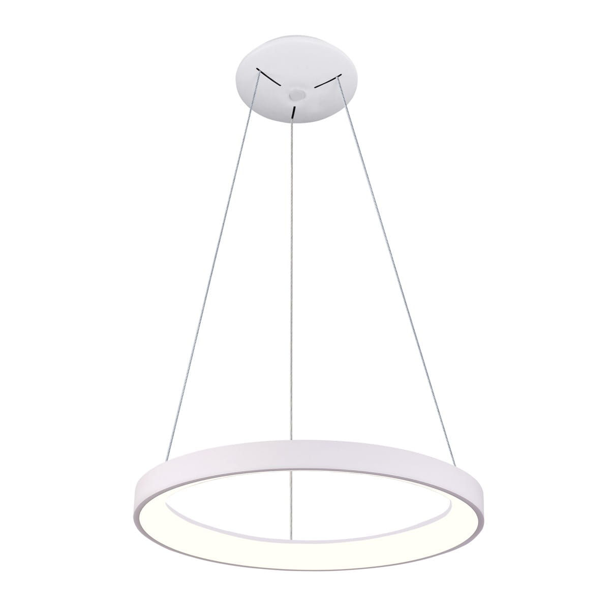 Biała lampa wisząca Vico D78 z jedną diodą LED o mocy 60W. Ma okrągły kształt i jest zawieszona na dwóch cienkich linkach. Zawieszenie mocowane do sufitu, minimalistyczny design.