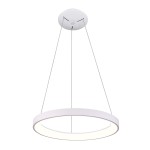 Biała lampa wisząca Vico D78 z jedną diodą LED o mocy 60W. Ma okrągły kształt i jest zawieszona na dwóch cienkich linkach. Zawieszenie mocowane do sufitu, minimalistyczny design.
