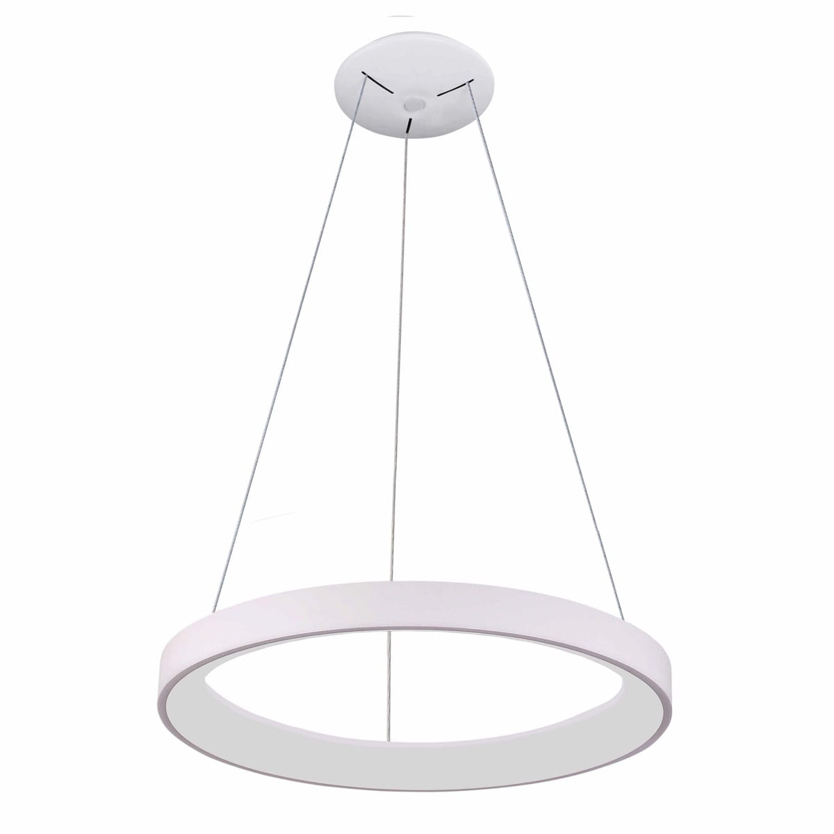 Lampa wisząca Vico D78 z białym, okrągłym kloszem LED, zawieszona na dwóch cienkich linkach. Wysoka efektywność świetlna, nowoczesny design. Ujęcie z dołu, na jednolitym, jasnym tle.