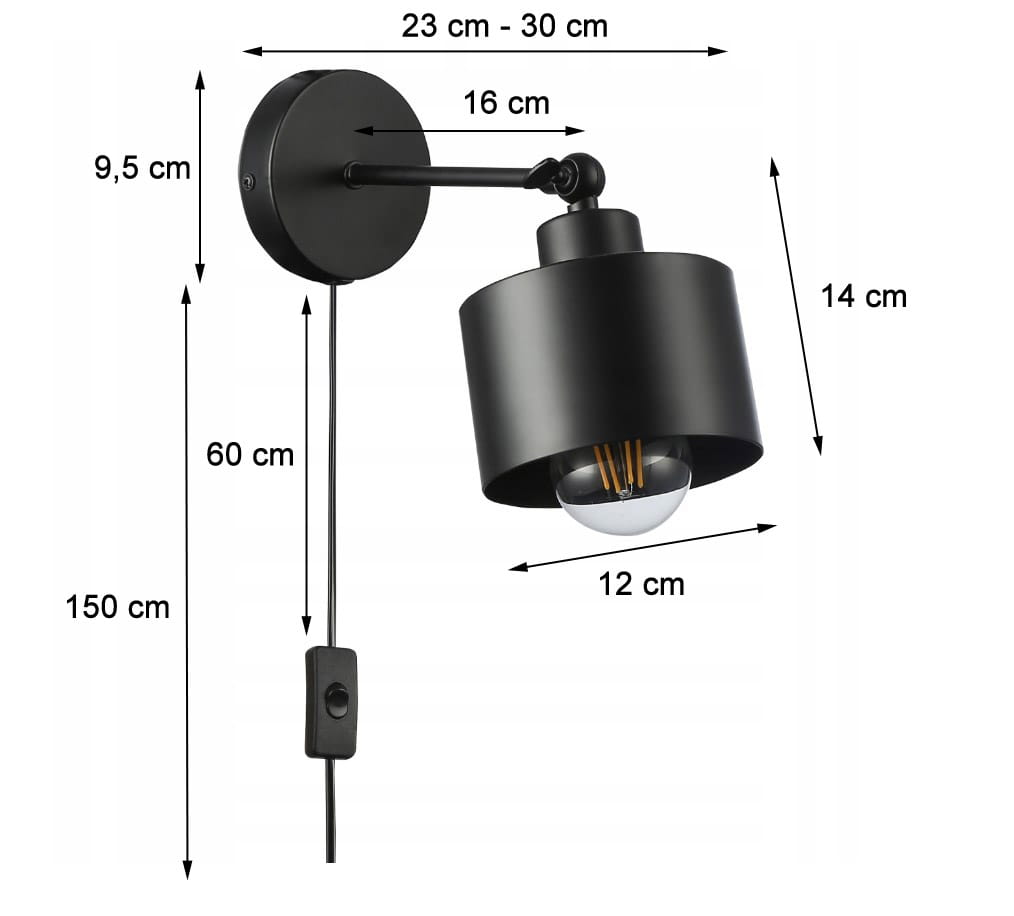 Kinkiet Elza w kolorze czarnym, z ruchomym ramieniem. Lampa o średnicy 12 cm i wysokości 14 cm, zamontowana na ścianie. Długość przewodu wynosi 150 cm, z włącznikiem w pobliżu. Wymiary podstawy: średnica 9,5 cm, odległość od ściany 16 cm.