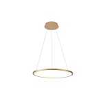 Lampa wisząca Vinola D40 w kolorze złotym, z okrągłym kształtem, zawieszona na cienkich linkach. Posiada jedną diodę LED o mocy 24W. Ujęcie frontalne na białym tle.