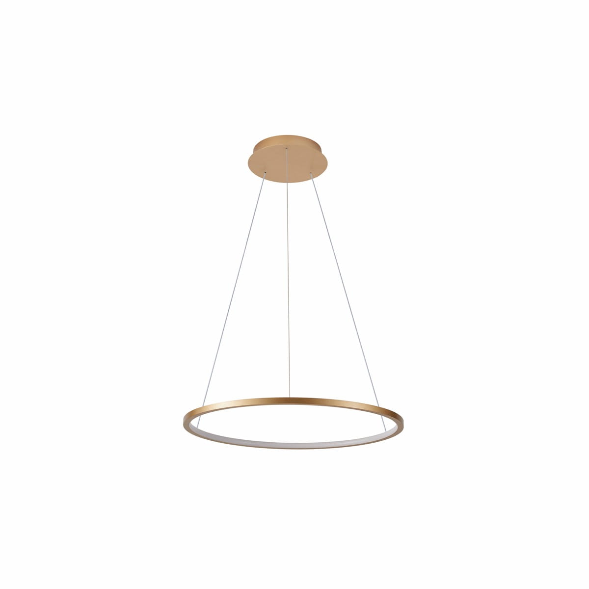 Lampa wisząca Vinola D40 w kolorze złotym, z okrągłym kształtem, zawieszona na cienkich linkach. Posiada jedną diodę LED o mocy 24W, idealna do nowoczesnych wnętrz. Tło białe, lampa widoczna z boku.