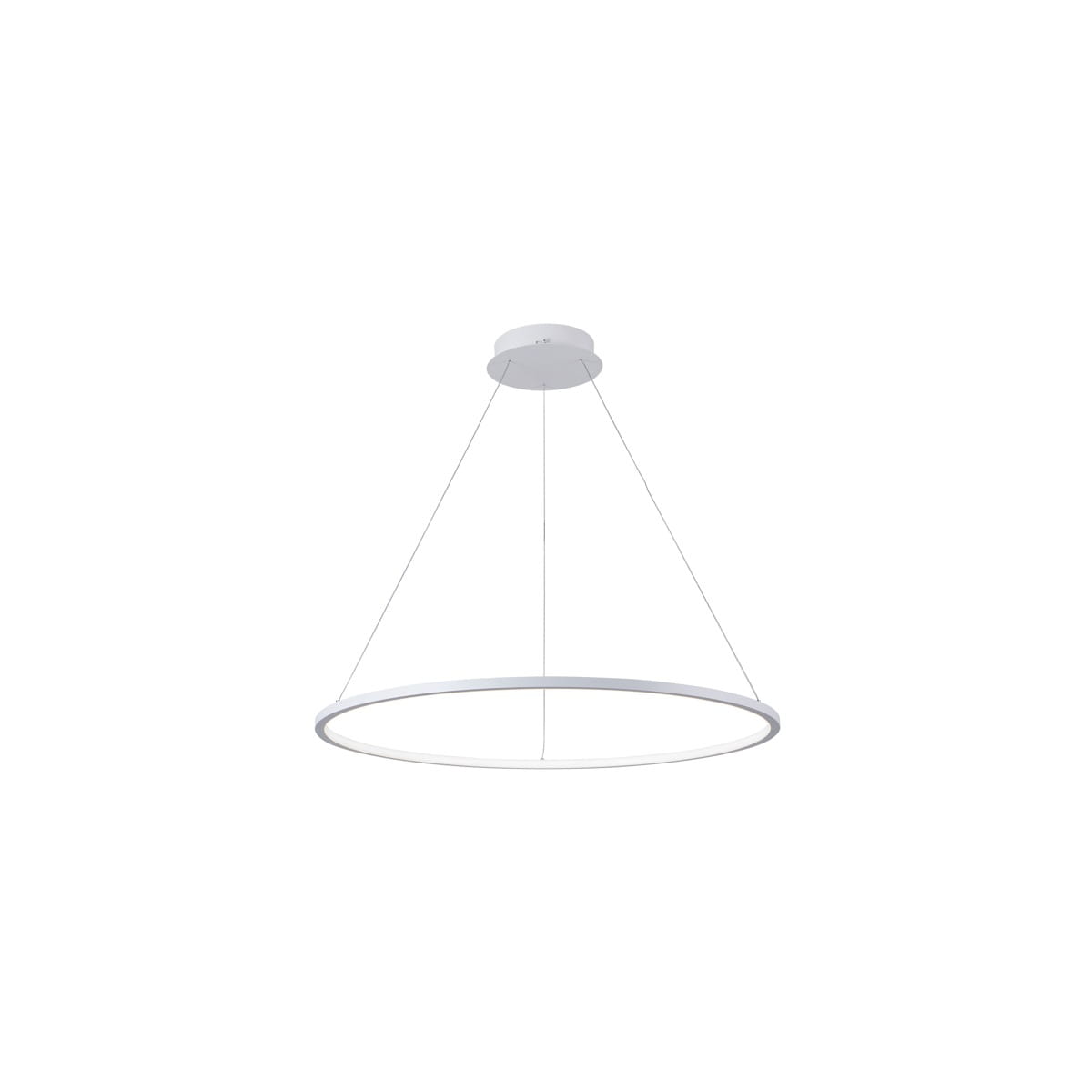 Lampa wisząca Vinola D40 w kolorze białym, z okrągłym kloszem LED o mocy 24W. Zawieszona na cienkich linkach, z okrągłą podstawą montażową. Prosty, nowoczesny design, idealna do wnętrz.
