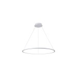 Lampa wisząca Vinola D40 w kolorze białym, z okrągłym kloszem LED o mocy 24W. Zawieszona na cienkich linkach, z okrągłą podstawą montażową. Prosty, nowoczesny design, idealna do wnętrz.