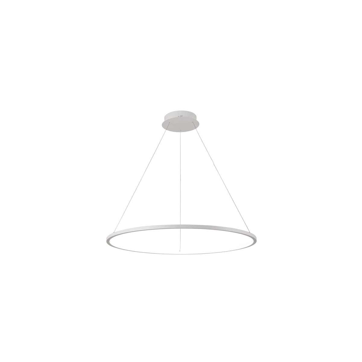 Lampa wisząca Vinola D40 w kolorze białym z jedną diodą LED o mocy 24W. Okrągły, cienki klosz zawieszony na cienkich linkach, montowany do sufitu. Prosty, nowoczesny design na jednolitym tle.