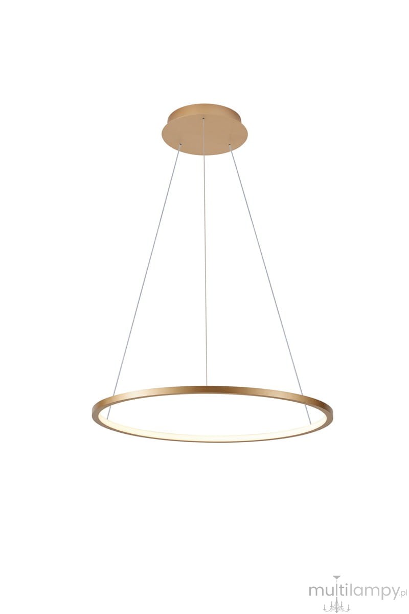 Lampa wisząca Vinola D60 w kolorze złotym, z okrągłym, cienkim kloszem. Zawieszona na dwóch cienkich linkach, z energooszczędnym źródłem światła LED o mocy 38W. Prosty, nowoczesny design, idealna do różnych wnętrz. Tło białe.