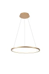 Lampa wisząca Vinola D60 w kolorze złotym, z okrągłym, cienkim kloszem. Zawieszona na dwóch cienkich linkach, z energooszczędnym źródłem światła LED o mocy 38W. Prosty, nowoczesny design, idealna do różnych wnętrz. Tło białe.