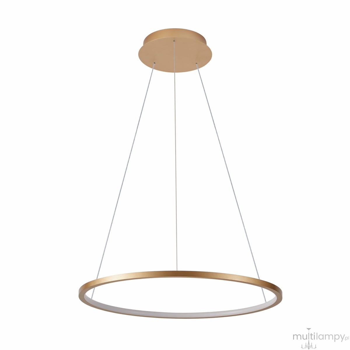 Lampa wisząca Vinola D60 w złotym kolorze, z jednoelementowym designem. Okrągła, zawieszona na cienkich linkach, z wbudowanym źródłem LED o mocy 38W. Prosty kształt i elegancka estetyka, idealna do nowoczesnych wnętrz.