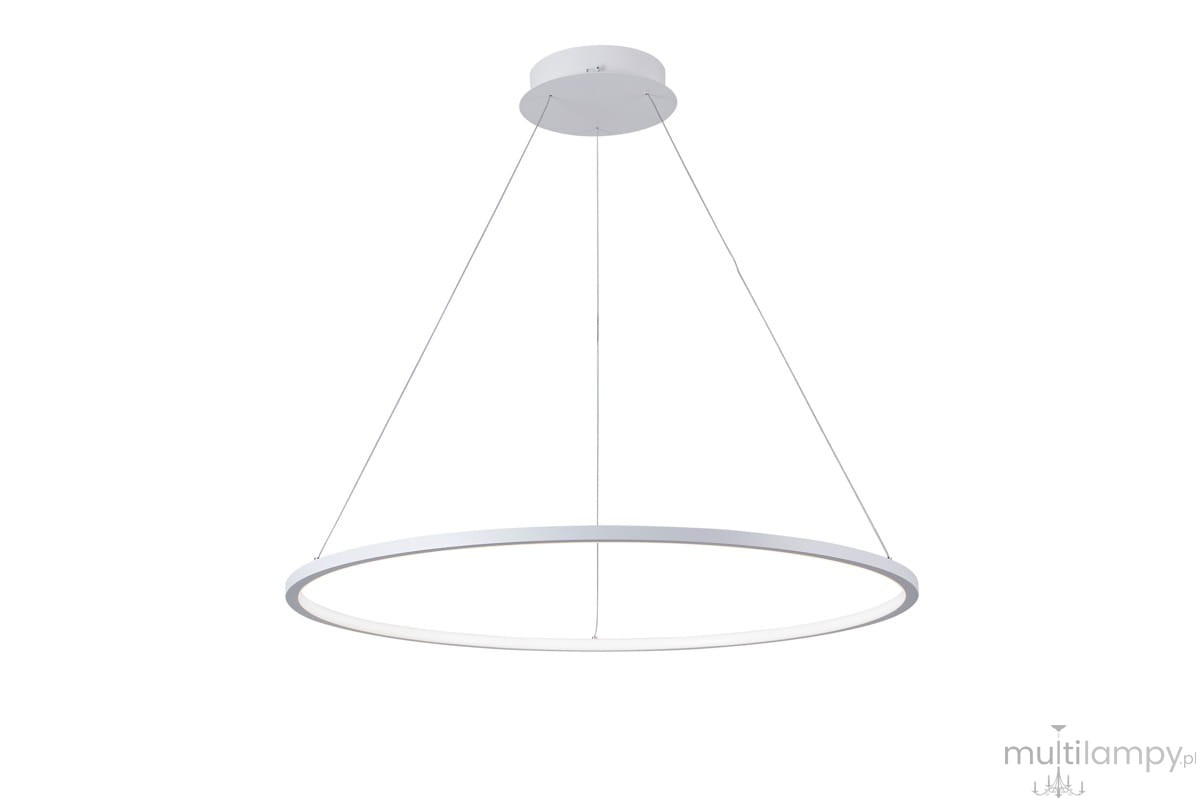 Lampa wisząca Vinola D60 o białym kolorze, z jedną diodą LED 38W. Produkt w kształcie okręgu, zawieszony na cienkich linkach, z gładką powierzchnią. Ujęcie z boku, na jednolitym tle.