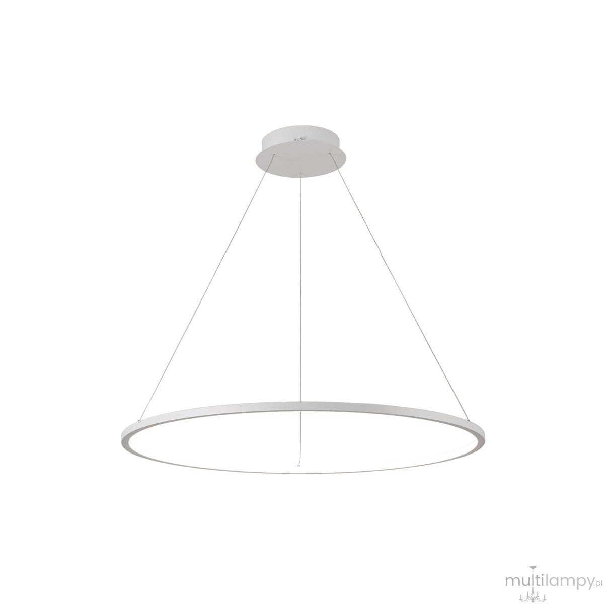 Biała lampa wisząca Vinola D60 z jedną diodą LED o mocy 38W. Okrągły kształt, zawieszona na cienkich linkach, montaż sufitowy. Prosty, minimalistyczny design, idealna do nowoczesnych wnętrz.