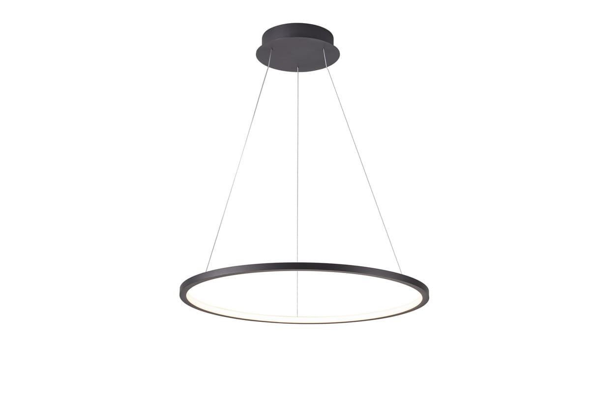 Lampa wisząca Vinola D80 w kolorze czarnym z jedną diodą LED o mocy 48W. Okrągły kształt, minimalistyczny design, zawieszona na trzech cienkich linkach. Świecąca obręcz z białym światłem, montaż sufitowy, idealna do nowoczesnych wnętrz.