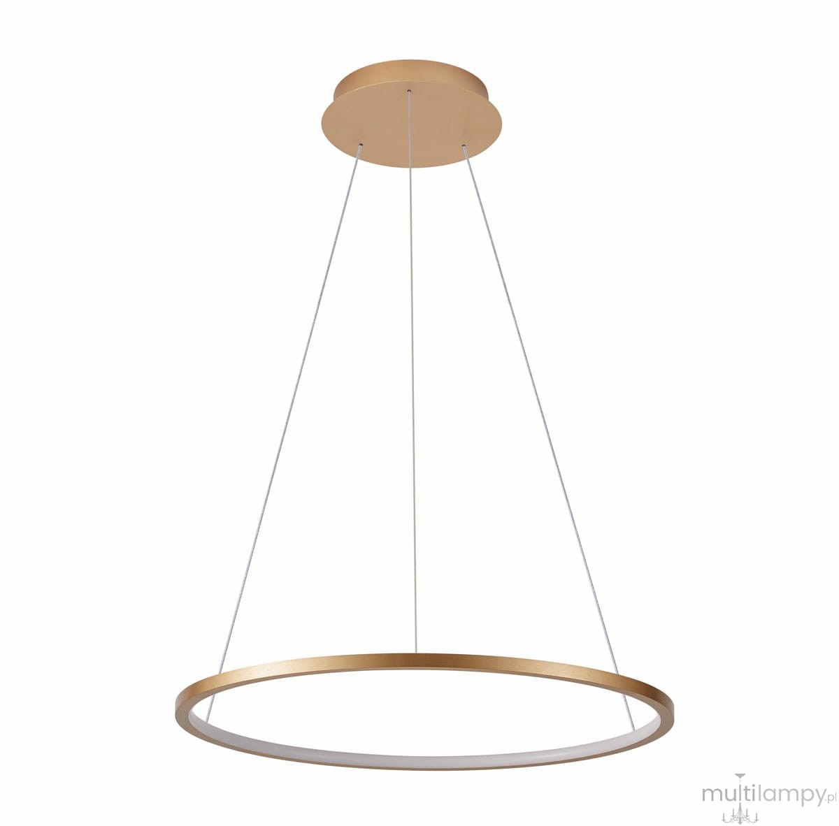 Lampa wisząca Vinola D80 w kolorze złotym, z okrągłym, cienkim korpusem oraz białym kloszem LED. Zawieszona na dwóch cienkich linkach, z okrągłym mocowaniem sufitowym. Wymiary: średnica 80 cm, moc 48W.