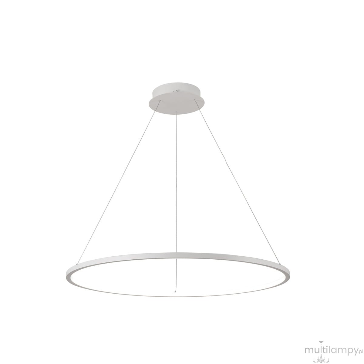 Lampa wisząca Vinola D80 w kolorze białym, wykonana z metalu, z okrągłym kloszem. Zawieszona na cienkich linkach, z zamontowanym źródłem LED o mocy 48W. Ujęcie z dołu, pokazujące minimalistyczny design.