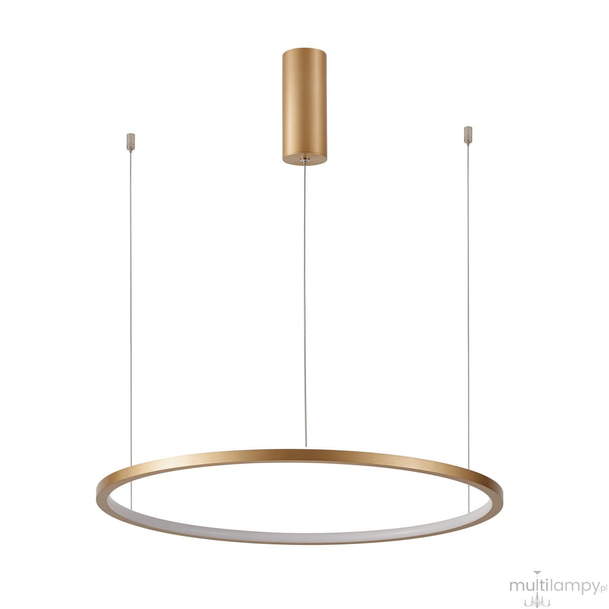 Lampa wisząca Vinola D80 1xLED/48W w złotym kolorze, z okrągłym, metalowym korpusem oraz białą, szklaną osłoną. Ujęcie frontalne, zawieszona na cienkich przewodach, z cylindrycznym mocowaniem na górze.