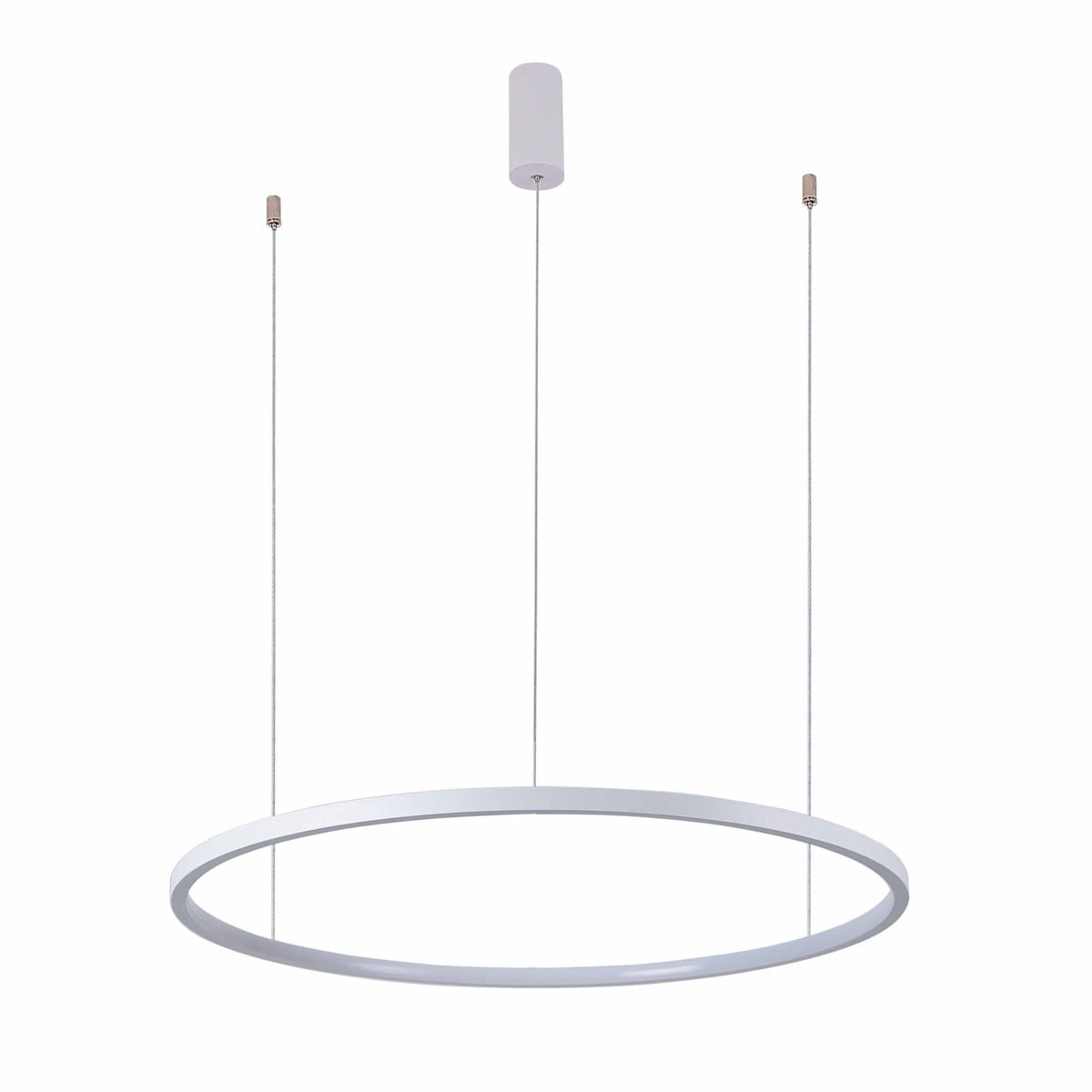 Lampa wisząca Vinola D80 z białym okrągłym kloszem LED o mocy 48W. Produkt zawieszony na dwóch cienkich linkach, z okrągłym mocowaniem sufitowym. Prosty, minimalistyczny design, idealny do nowoczesnych wnętrz.