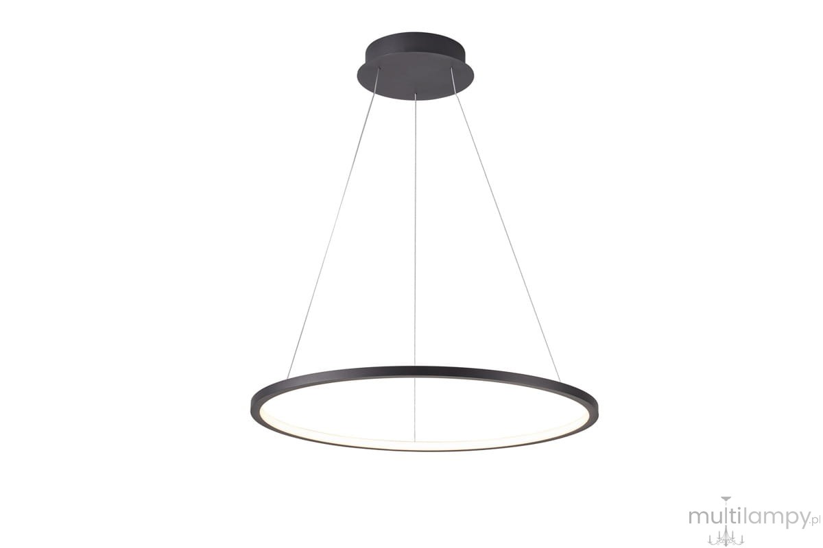 Lampa wisząca Vinola D100 w kolorze czarnym, o okrągłym kształcie, z jednym źródłem światła LED o mocy 58W. Zawieszona na cienkich linkach, z białym, emitującym światło pierścieniem. Prosta, nowoczesna forma, przeznaczona do oświetlenia wnętrz.