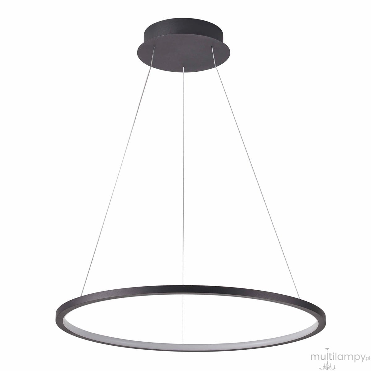 Lampa wisząca Vinola D100 w kolorze czarnym, z jedną diodą LED o mocy 58W. Posiada okrągły kształt, zawieszona na cienkich żyłkach, z gładką matową powierzchnią i białym kloszem wewnętrznym. Ujęcie frontalne.