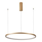 Lampa wisząca Vinola D100 z jednym źródłem LED o mocy 58W. Złota, okrągła konstrukcja z matowym wykończeniem. Wisi na cienkich linkach, z cylindrycznym mocowaniem sufitowym. Białe, rozproszone światło.