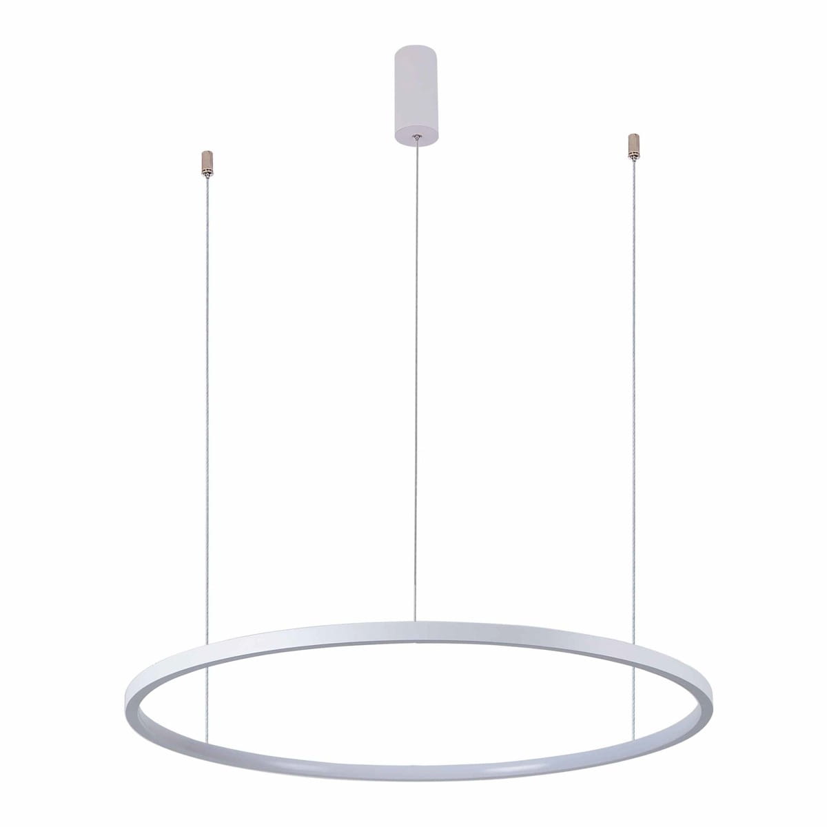 Lampa wisząca Vinola D100 w kolorze białym, o okrągłym kształcie, zawieszona na dwóch cienkich linkach. Zawiera źródło LED o mocy 58W. Górna część z białym kloszem, minimalistyczny design, idealna do nowoczesnych wnętrz.