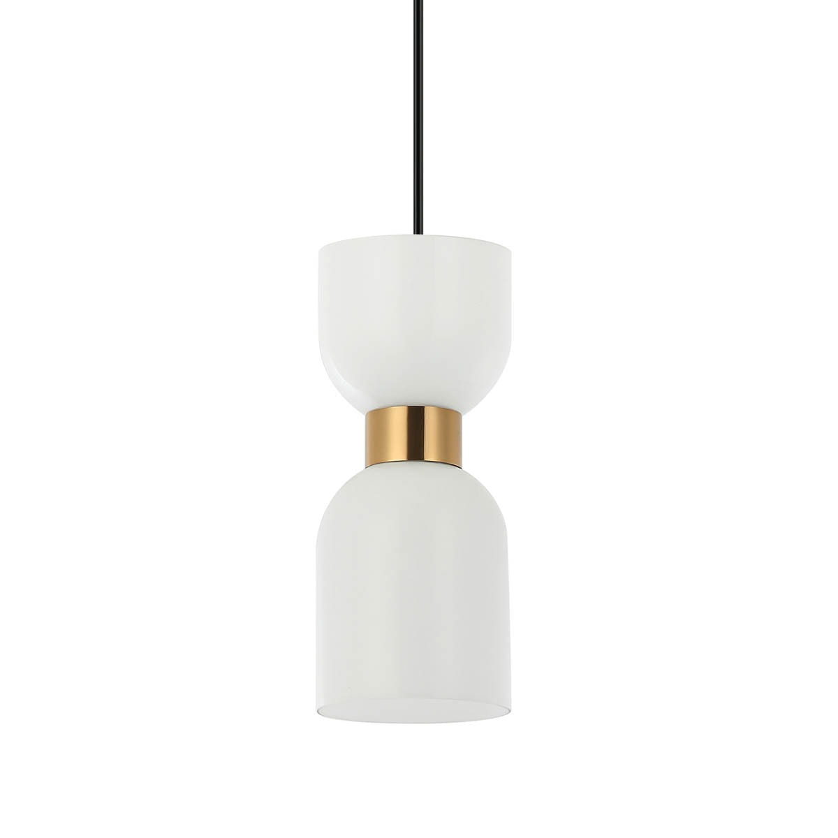 Lampa wisząca Monza z pojedynczym źródłem światła E27, czarna oprawa z metalowym złotym detalem. Okrągła, matowa szklana osłona w kształcie cylindrycznym, zawieszona na długim przewodzie. Prosty design, idealna do nowoczesnych wnętrz.