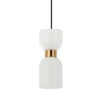 Lampa wisząca Monza z pojedynczym źródłem światła E27, czarna oprawa z metalowym złotym detalem. Okrągła, matowa szklana osłona w kształcie cylindrycznym, zawieszona na długim przewodzie. Prosty design, idealna do nowoczesnych wnętrz.