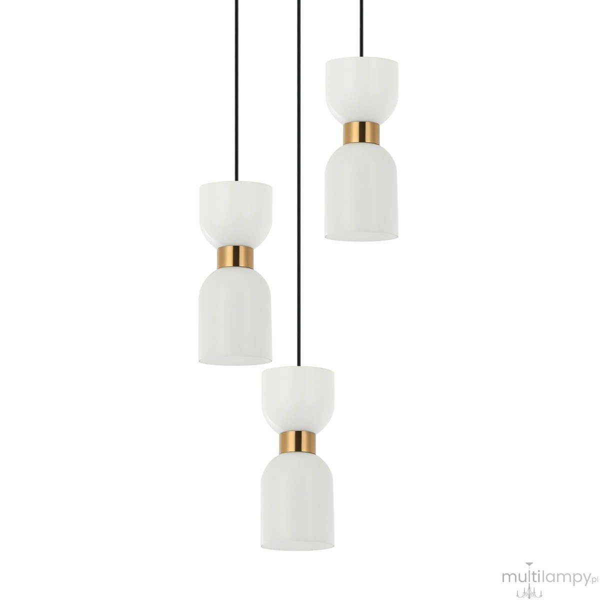 Lampa wisząca Monza z trzema kloszami w kształcie cylindrów, wykonana z matowego szkła w odcieniu białym, z złotymi detalami. Ułożona na czarnych przewodach, zawieszona w pionie, idealna do nowoczesnych wnętrz.