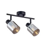 Lampa sufitowa Santia w kolorze czarnym z dwoma reflektorami z dymionego szkła. Ułożona poziomo, z mocowaniem sufitowym. Reflektory mają metaliczne wykończenie, eksponując żarówki E14. Idealna do nowoczesnych wnętrz.