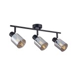 Lampa sufitowa Santia z trzema reflektorami na czarnej metalowej belce. Reflektory mają dymione szklane klosze, w których widoczne są żarówki E14. Produkt zamontowany na okrągłej podstawie.