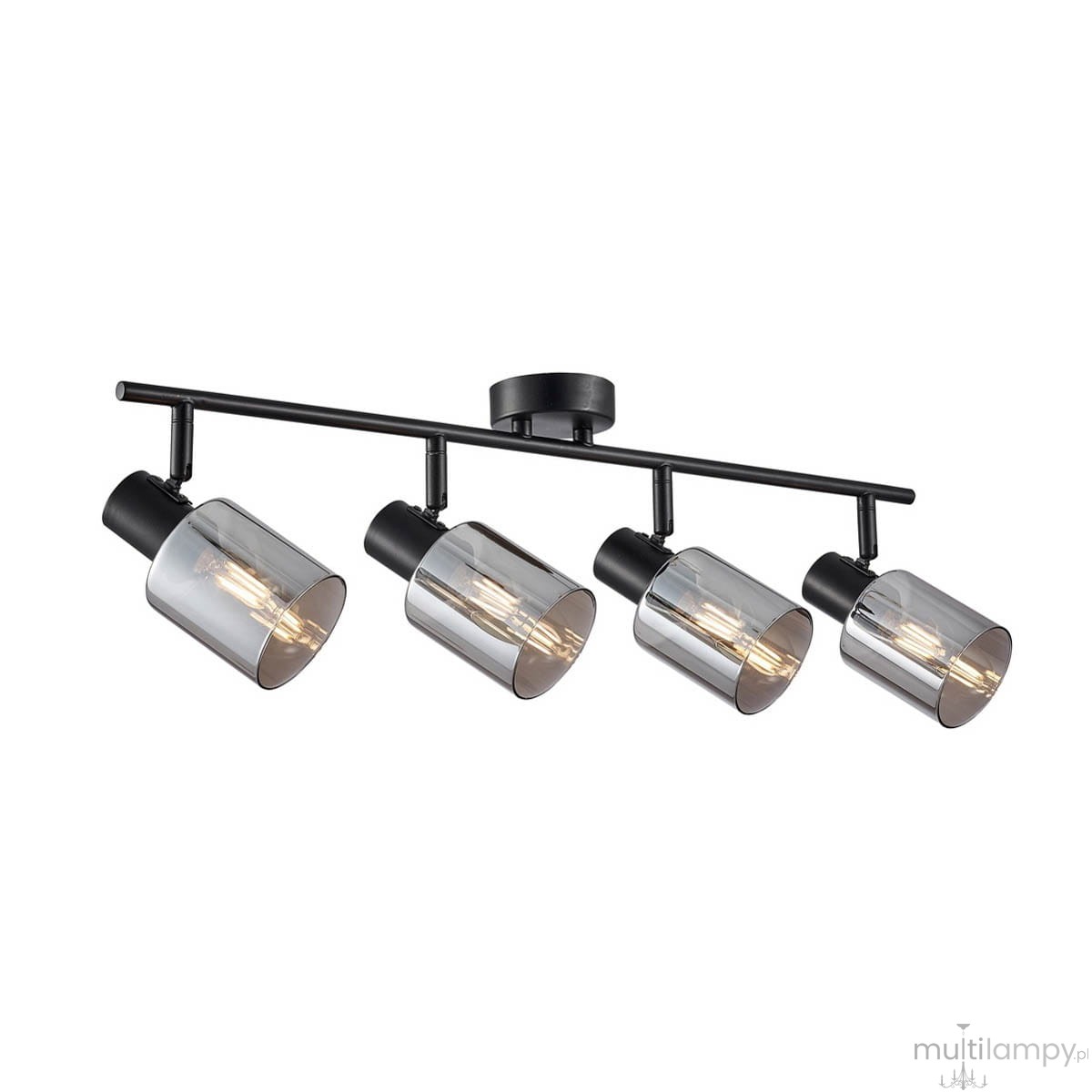 Czarna lampa sufitowa Santia z czterema reflektorami E14, z dymionymi kloszami, zamontowana na prostokątnej podstawie. Reflektory ustawione na jednym poziomie, skierowane w różne strony, na białym tle.