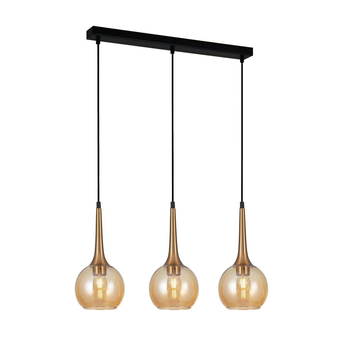 Lampa wisząca Favera z trzema kloszami E27, w kolorze czarnym i antycznego brązu. Klosze w kształcie kropli, wykonane z przezroczystego szkła, zawieszone na czarnych linkach. Prosta, nowoczesna konstrukcja z metalowym stelażem.