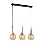 Lampa wisząca Favera z trzema kloszami E27, w kolorze czarnym i antycznego brązu. Klosze w kształcie kropli, wykonane z przezroczystego szkła, zawieszone na czarnych linkach. Prosta, nowoczesna konstrukcja z metalowym stelażem.