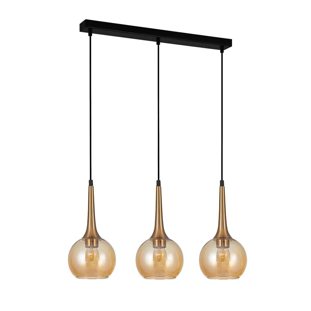 Lampa wisząca Favera z trzema kloszami w kształcie kropli, w kolorze czarnym i antycznym brązie. Klosze szklane, transparentne, zawieszone na cienkich linkach. Montaż sufitowy, elegancki design, idealna do nowoczesnych wnętrz.