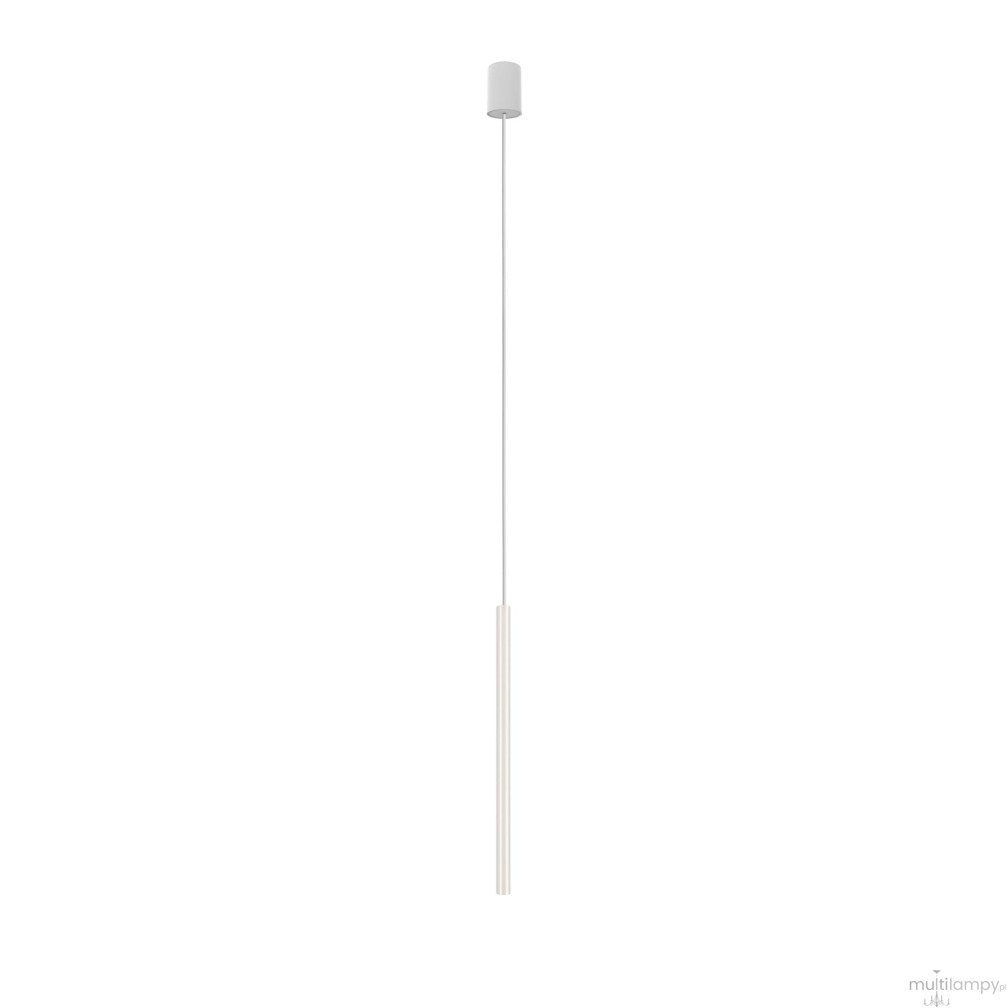 Lampa wisząca Laser 49 w kolorze białym, z oprawą na jedną żarówkę G9. Prosty, cylindryczny kształt, zawieszona na cienkim, metalowym linku. Tło białe, podkreślające minimalistyczny design produktu.