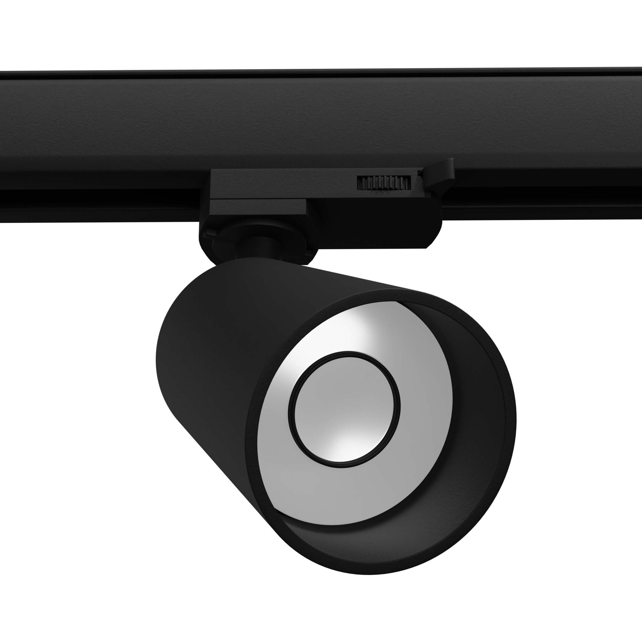 Reflektor spot Aura 1xGU10 w kolorze czarnym, zamontowany na szynie 3F. Okrągła głowica z metalicznym wnętrzem, regulowana w kierunku oświetlenia. Prosty design, idealny do nowoczesnych wnętrz.