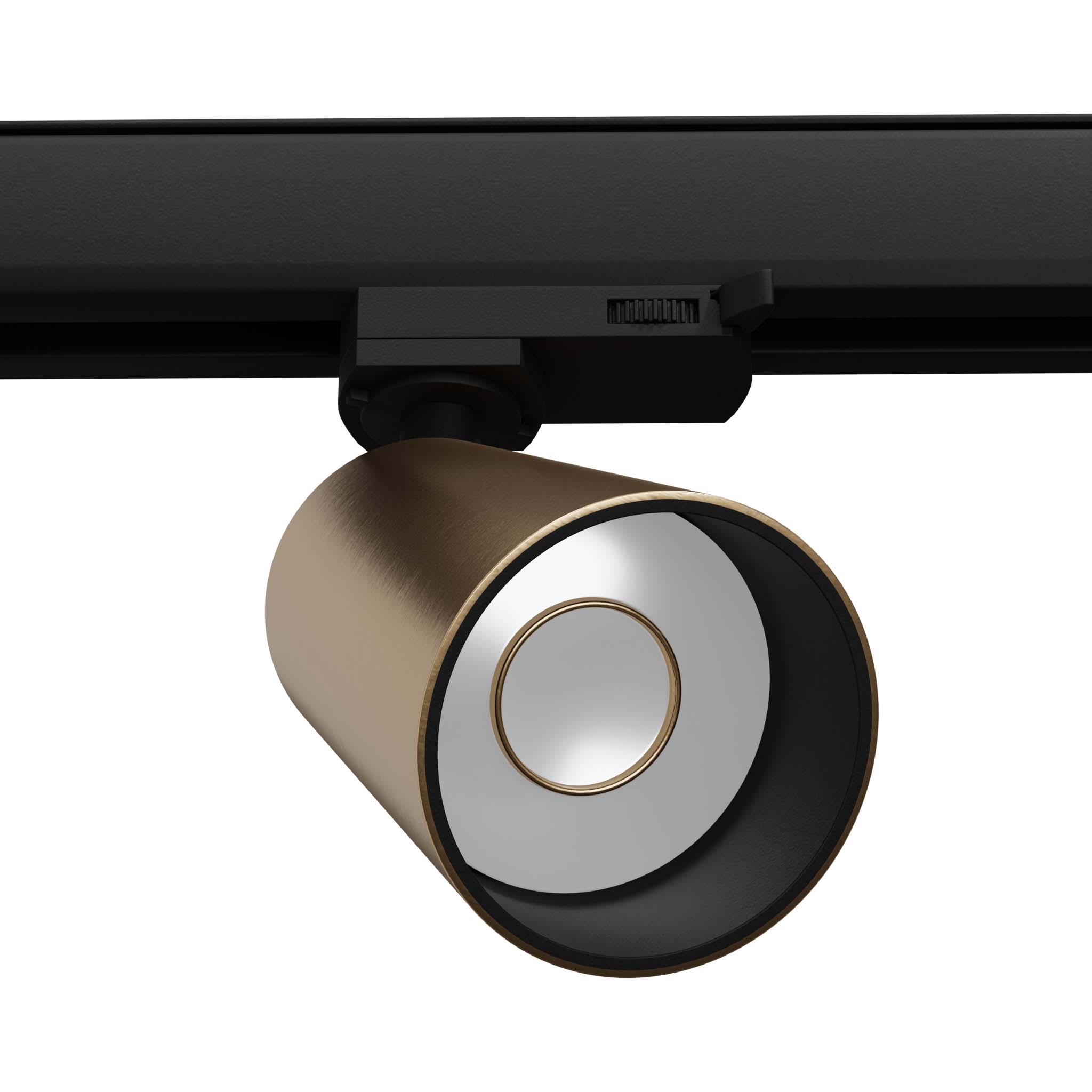 Reflektor spot Aura 1xGU10 w kolorze mosiężnym, zamontowany na czarnej szynie 3F. Posiada cylindryczny kształt z wewnętrzną lustrzaną powierzchnią, umożliwiający skierowanie światła w wybranym kierunku.