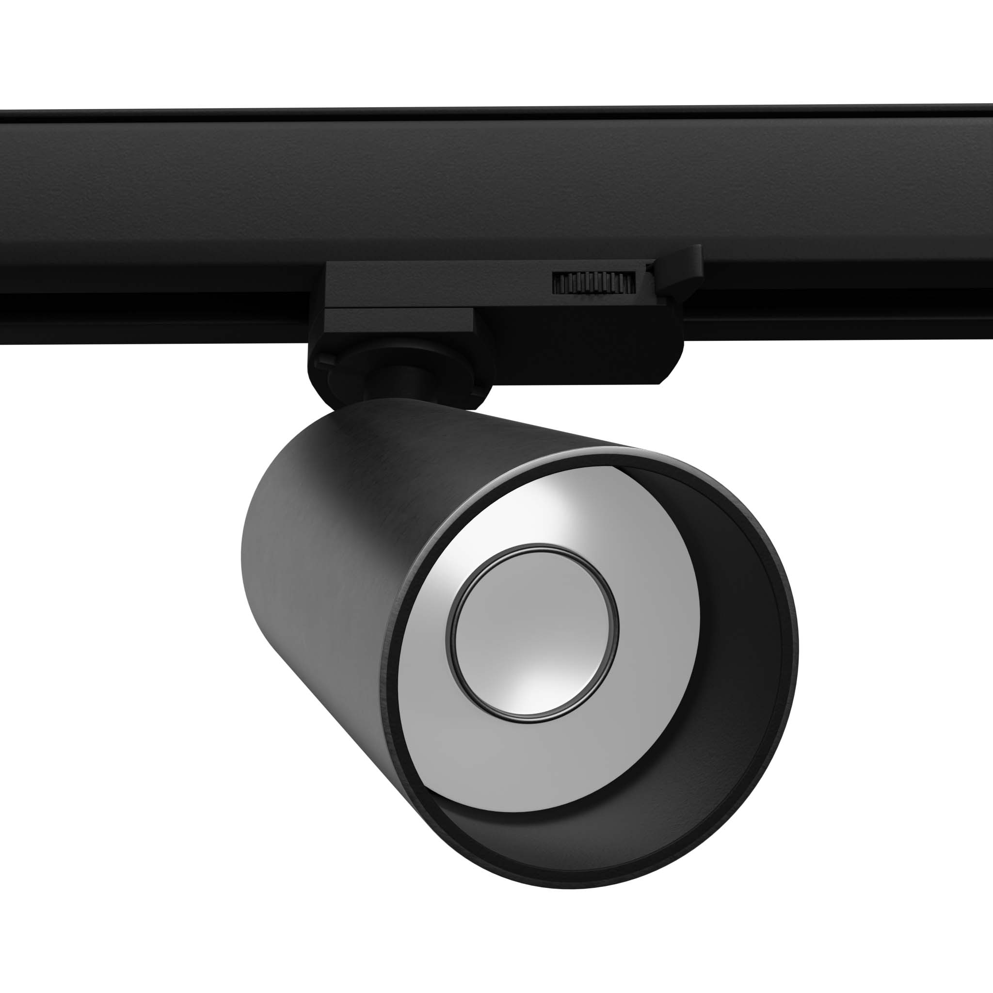 Reflektor spot Aura 1xGU10 na szynę 3F, wykonany ze stali w kolorze czarnym. Cylindryczny kształt z metaliczną końcówką, zamontowany na szynie, w zbliżeniu ukazujący detale mocowania.