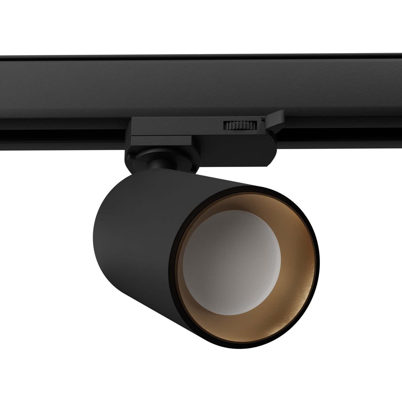 Reflektor spot Tiva 1xGU10 w kolorze czarnym, zamontowany na szynie 3F. Cylindryczna obudowa zewnętrzna matowa, wewnętrzna część złota. Ujęcie z boku, ukazujące detale mocowania i kształt lampy.