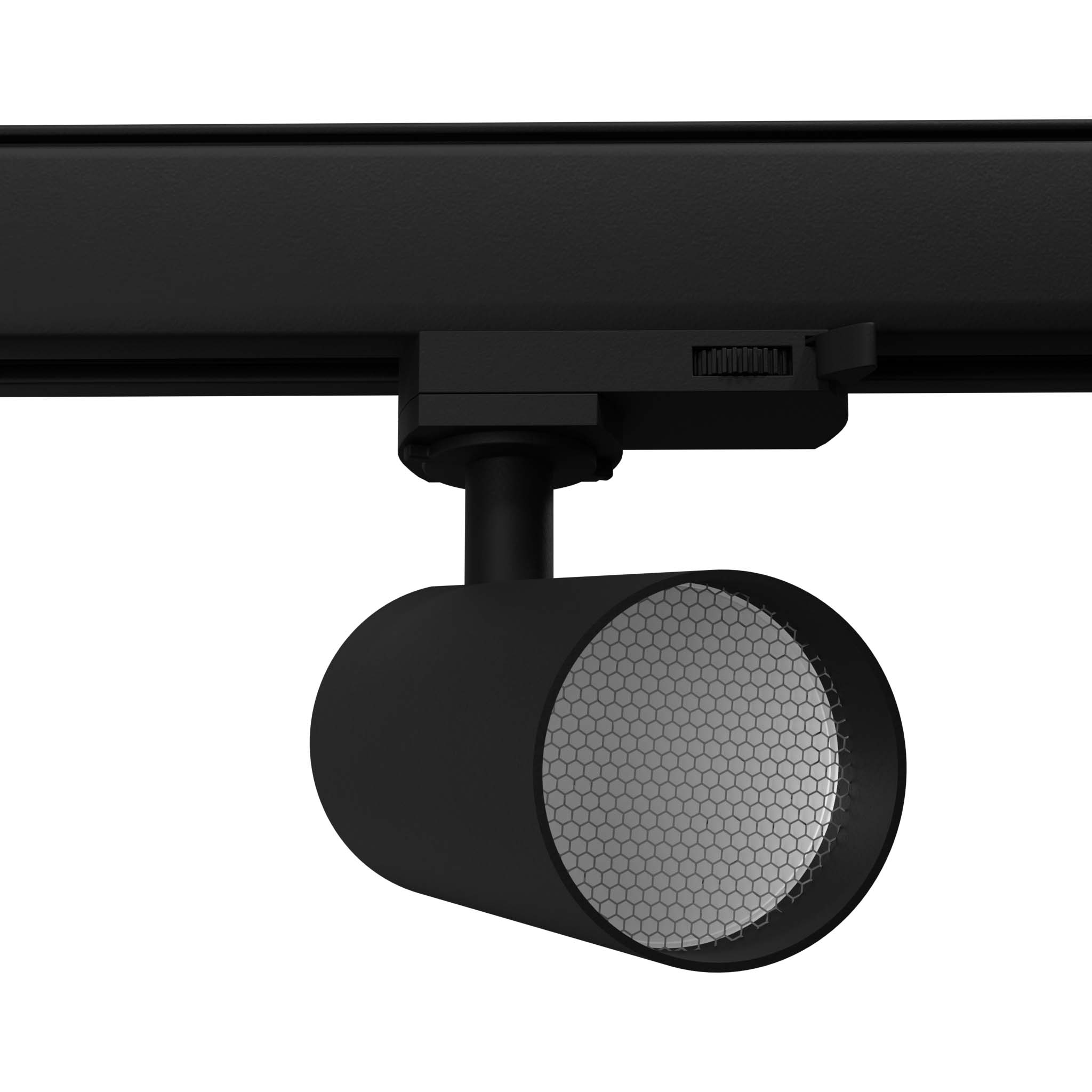 Reflektor spot Isa 1xLED/12W w kolorze czarnym, zamontowany na szynie 3F. Okrągła głowica z siatką na froncie, matowa powierzchnia. Ujęcie z boku, pokazujące szczegóły mocowania i kształt lampy.