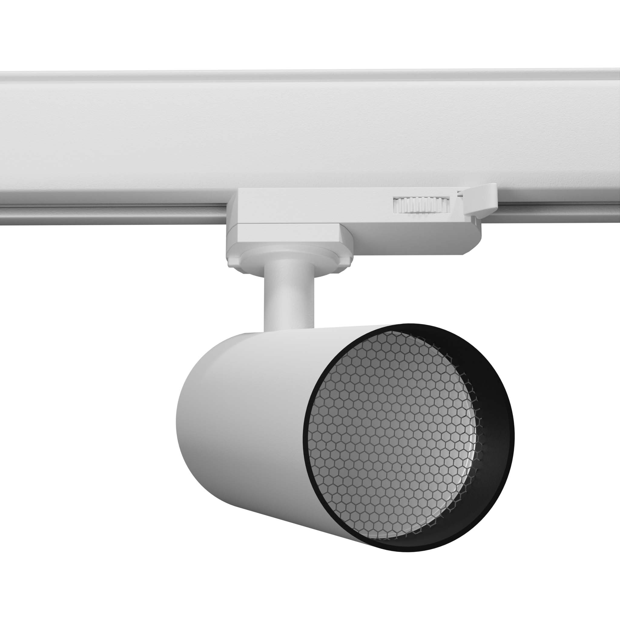 Reflektor spot Isa 1xLED/12W w kolorze białym, zamontowany na szynie 3F. Cylindryczny kształt z siateczkowym wlotem światła. Ujęcie z boku, ukazujące detale konstrukcji i mocowanie.