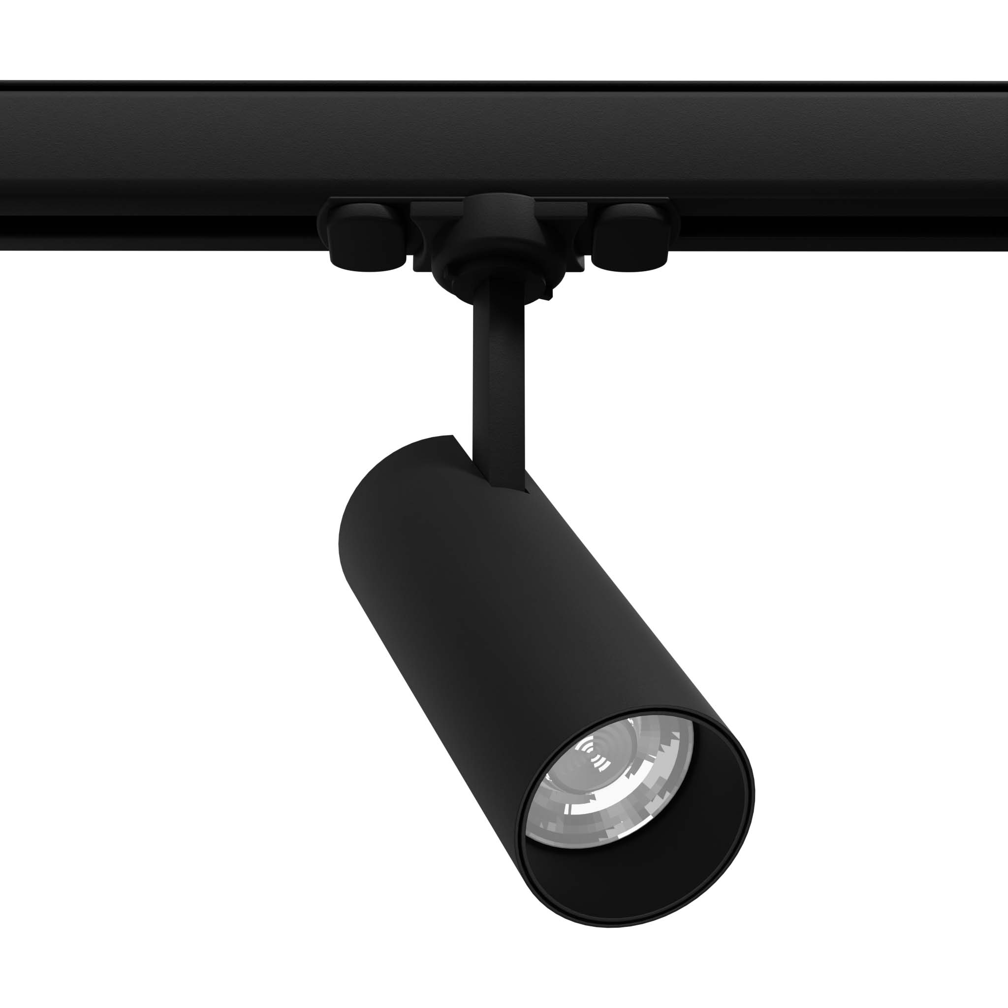 Czarny reflektor spot na szynę 3F, z jedną diodą LED o mocy 10W i temperaturze barwowej 4000K. Cylindryczny kształt, zawieszony pod kątem, z widoczną soczewką. Prosty design, idealny do oświetlenia wnętrz.