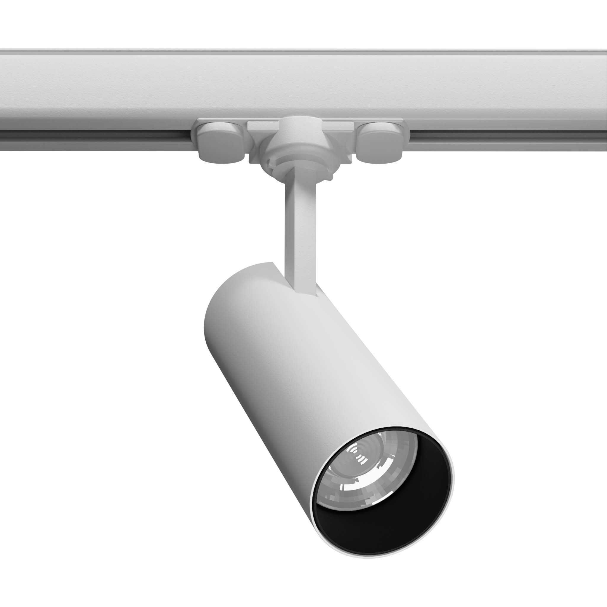 Reflektor Torn 1xLED/10W/4000K w kolorze białym, zamontowany na szynie 3F. Cylindryczny kształt z widoczną soczewką w czarnym wykończeniu, z boku uchwyt mocujący, widok z boku.