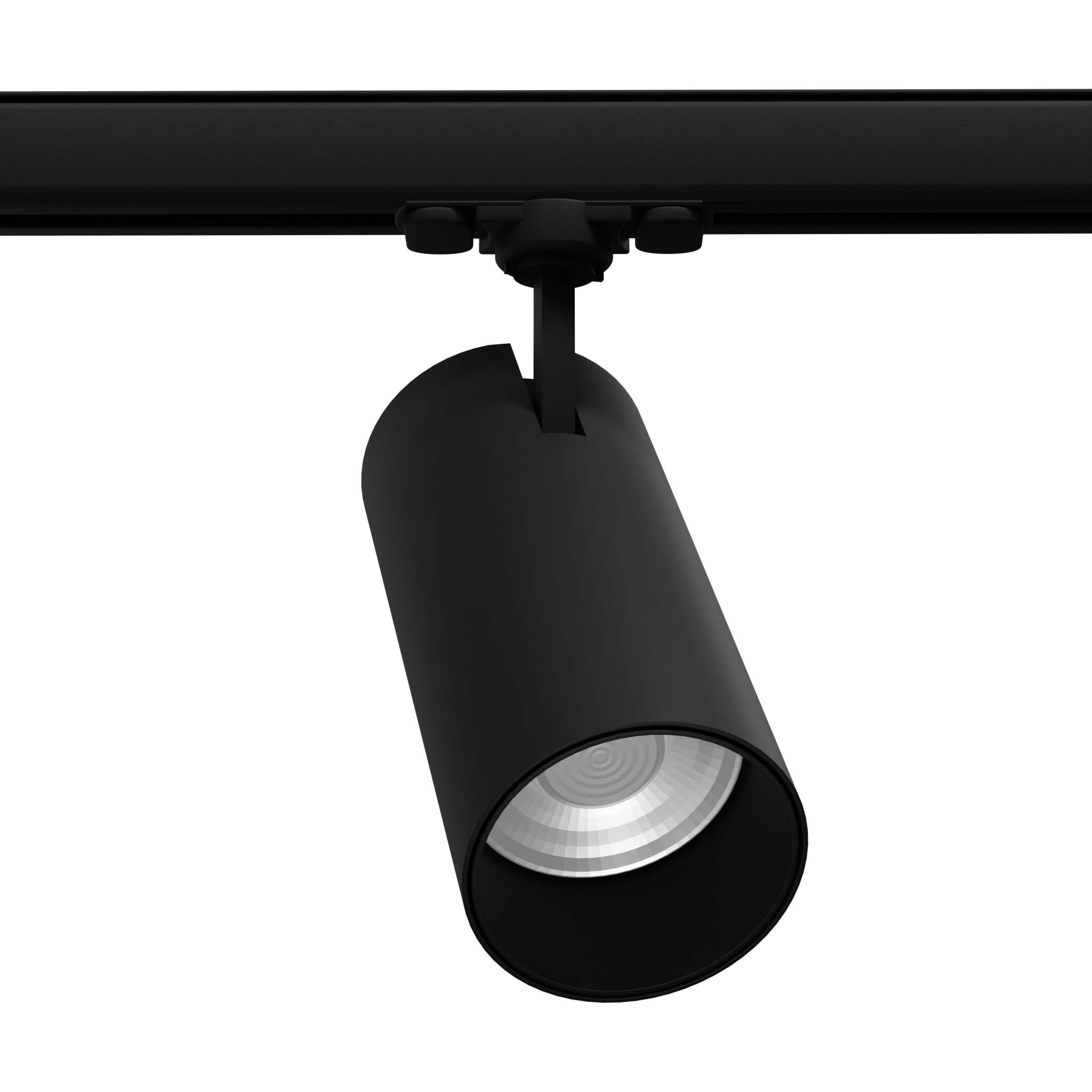 Reflektor spot Reo w kolorze czarnym, zamontowany na szynie 3F, z jedną diodą LED o mocy 30W i temperaturze barwowej 4000K. Ujęcie z boku, ukazujące cylindryczny kształt oraz wnętrze ze strukturalnym odbłyśnikiem.