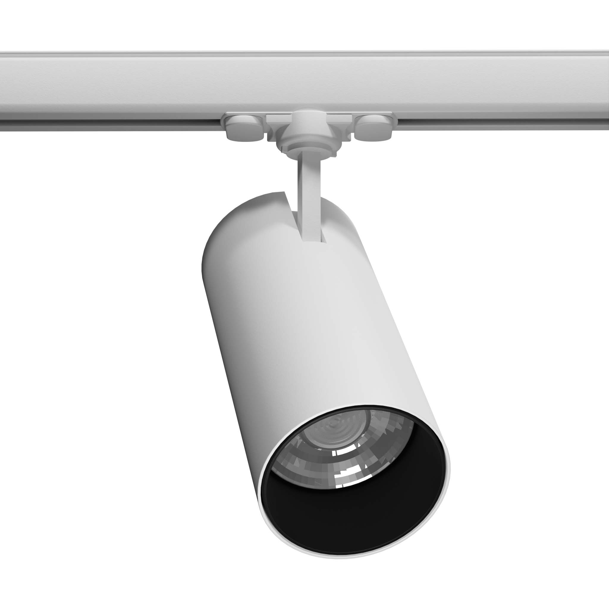 Reflektor spot Reo 1xLED/30W/3000K w kolorze białym, zamontowany na szynie 3F. Cylindryczny kształt z czarnym wnętrzem oraz przezroczystą soczewką. Ujęcie z boku, eksponujące detal konstrukcji i mocowania.