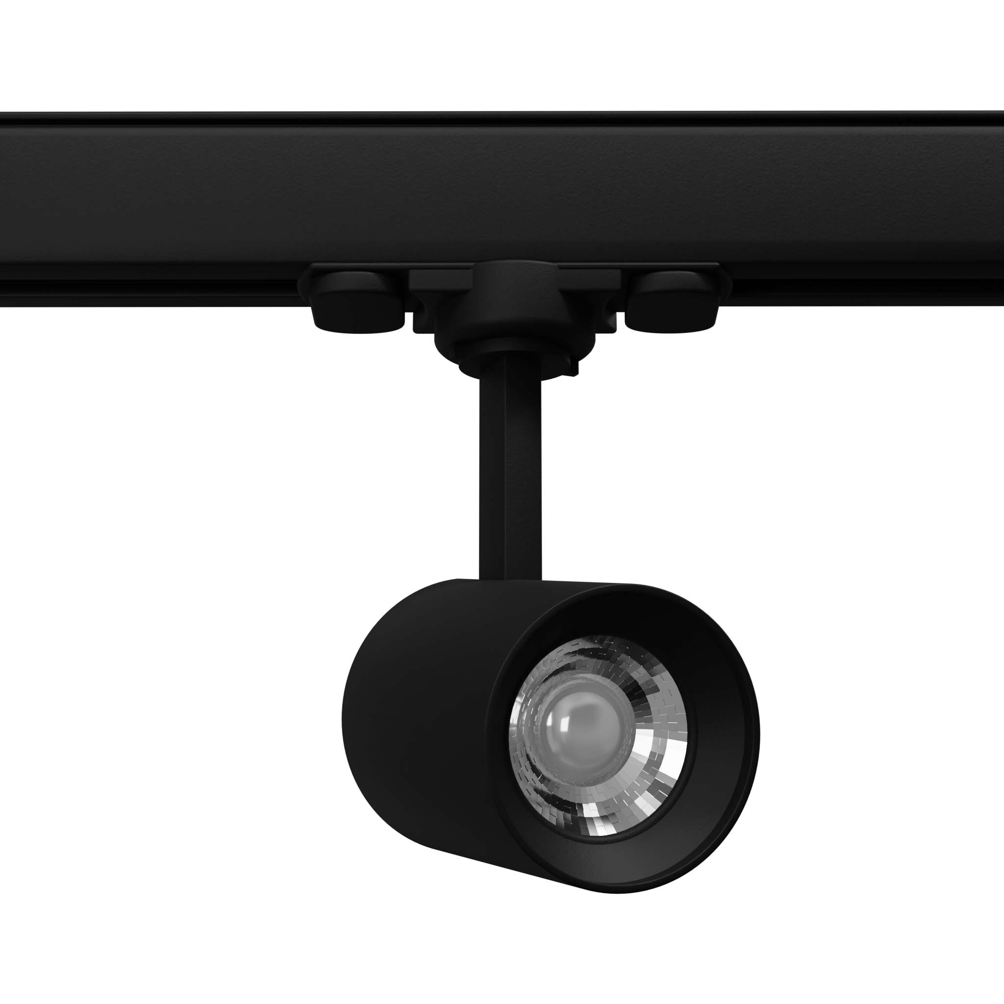Reflektor spot Kami w kolorze czarnym, montowany na szynie 3F. Posiada pojedynczy moduł LED o mocy 8W i temperaturze barwowej 3000K. Ujęcie z boku, ukazujące okrągłą głowicę oraz mocowanie.